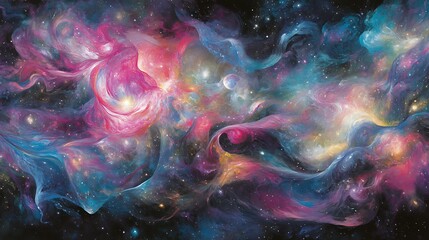 Poster - Vibrant cosmic nebula with swirling colors, stars, and celestial bodies in a vast universe