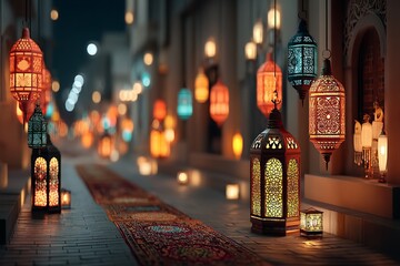 Poster - Background of a Pathway with Hanging Lanterns for Eid al Adha, Ramadan Kareem, Eid al Fitr, and the Islamic New Year. Generative Ai