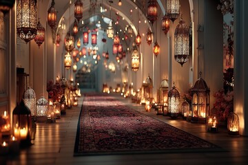 Poster - Background of a Pathway with Hanging Lanterns for Eid al Adha, Ramadan Kareem, Eid al Fitr, and the Islamic New Year. Generative Ai