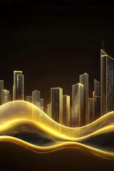 Poster - 黄金色の未来都市の夜景 光の波が織りなす美しい現代アート 黒背景にそびえる高層ビルのデザイン