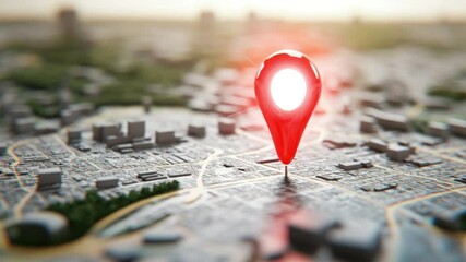 Poster - Red Location Pin on a Detailed City Map with Blurred Background and Urban Landscape