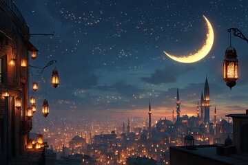 Poster - Rajab Shaban, stars, lanterns, a nighttime cityscape, a crescent moon, and an Islamic greeting. Generative Ai