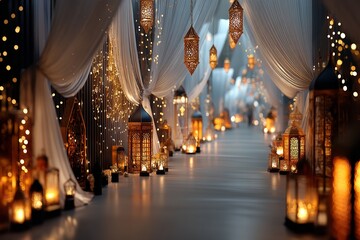 Poster - Background of a Pathway with Hanging Lanterns for Eid al Adha, Ramadan Kareem, Eid al Fitr, and the Islamic New Year. Generative Ai