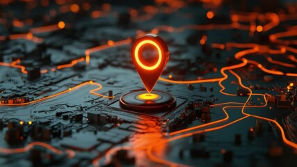 Poster - Futuristic Map with Location Pin and Circuit Patterns in Neon Glow for Modern Technology Concepts