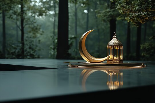 A metal table with a gold lamp in the front and a Ramadan Mubarak backdrop. Generative Ai