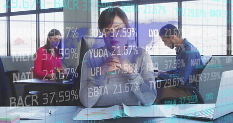 Poster - Image of financial data over asian businesswoman working in office