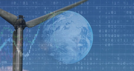 Poster - Image of financial data processing binary coding over earth and wind turbine