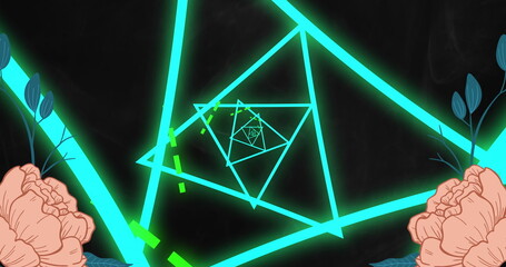 Poster - Image of roses appearing over black background with neon triangles