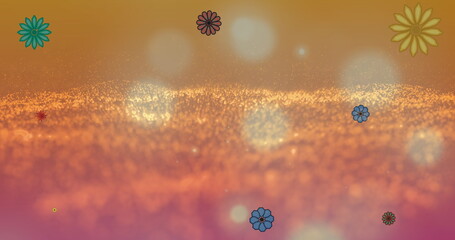 Poster - Image of flowers appearing on orange background with glitter