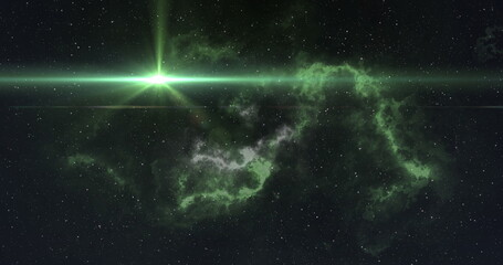Poster - Image of green glowing light over clouds and twinkling stars on black background