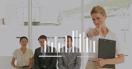 Poster - Image of statistics and financial data processing over diverse business people