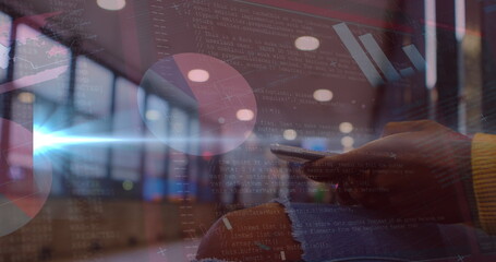 Poster - Image of financial data processing over person using smartphone