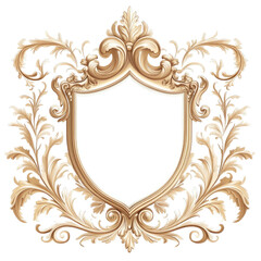 Poster - Ornate golden frame with intricate scrollwork and a blank shield shape on a transparent background. The design features detailed leaves and floral elements around the edges.