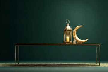 Poster - A metal table with a gold lamp in the front and a Ramadan Mubarak backdrop. Generative Ai