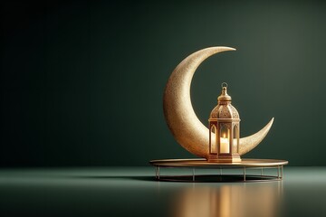 Poster - A metal table with a gold lamp in the front and a Ramadan Mubarak backdrop. Generative Ai