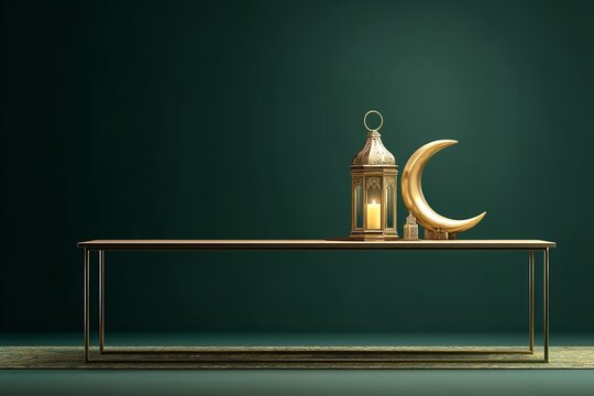 A metal table with a gold lamp in the front and a Ramadan Mubarak backdrop. Generative Ai
