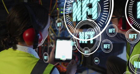 Poster - Image of nft texts over diverse workers in server room