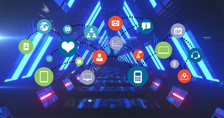 Poster - Image of media icons over digital tunnel