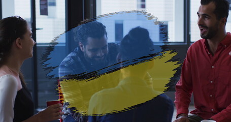 Poster - Image of flag of ukraine over diverse business people talking