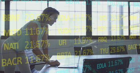 Poster - Image of data processing over caucasian businesswoman using laptop