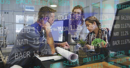 Poster - Image of data processing over diverse business people talking