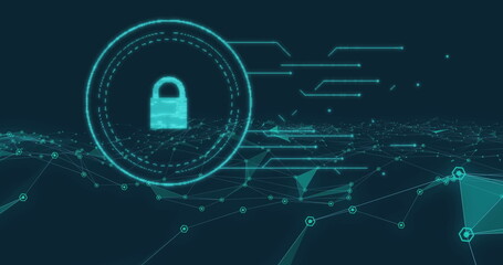 Poster - image of digital padlock, connections on black background