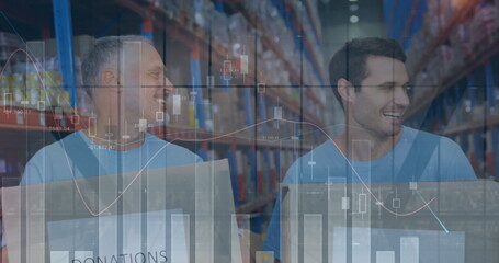 Poster - Image of financial graphs over happy diverse female and male warehouse workers
