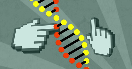 Poster - Image of dna rotating over green background with hands