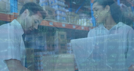 Poster - Image of financial graphs over happy diverse female and male warehouse workers