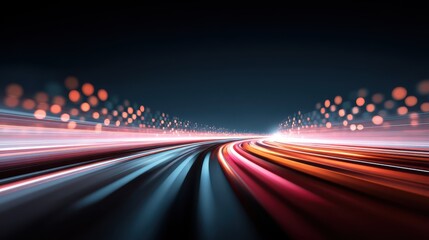 Aufkleber - A futuristic, colorful light trail curves through a dark background, evoking a sense of speed and motion in a digital or urban setting.