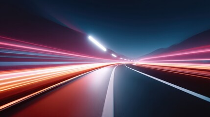 Aufkleber - A futuristic highway scene at night with colorful light trails stretching along a curving road.