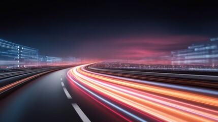 Aufkleber - A futuristic city highway at night with colorful light trails from fast-moving vehicles.