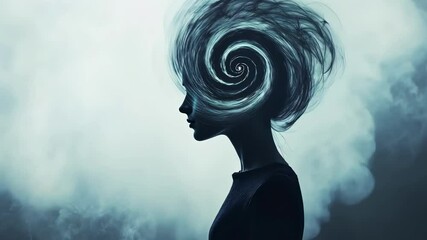 Aufkleber - Profile of a woman with swirling, abstract shapes emanating from her head, suggesting deep thought or complex emotions, against a backdrop of smoke or clouds