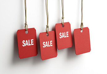 four red sale tags hanging on strings isolated on white background retail discount promotion marketi