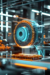 Poster - 青色とオレンジ色の光を放つ金属製の機械部品のクローズアップ 工業的背景の未来的なテクノロジーイメージ