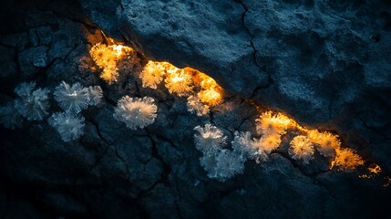 Aufkleber - A close-up view of glowing crystals emerging from a cracked surface, highlighting natural beauty