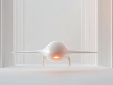 Sleek White Futuristic Vehicle: Minimalist design with a bright accent light in a structured setting.