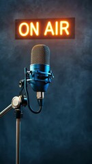 Poster - Professional microphone capturing sound in a radio studio, illuminated by the warm glow of an on air sign, creating a captivating atmosphere for audio recording and broadcasting