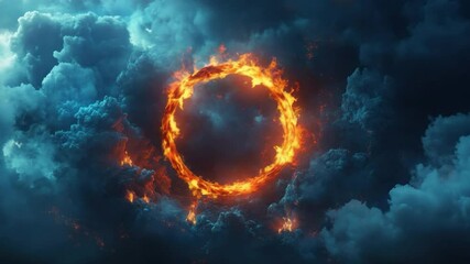 Poster - Dramatic Fiery Circle Surrounded by Dark Storm Clouds in a Turbulent Sky at Dusk