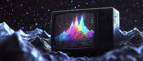 Aufkleber - Vintage television displaying colorful soundwave patterns amidst a cosmic background with stars
