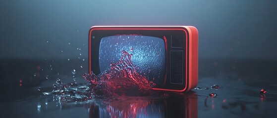 Aufkleber - Retro television set splashing water on a reflective surface, with colorful light effects in the background