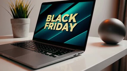 Poster - Modern laptop displaying black friday sale banner sits on a white desk, accompanied by a decorative plant and a spherical object, creating a contemporary workspace ambiance