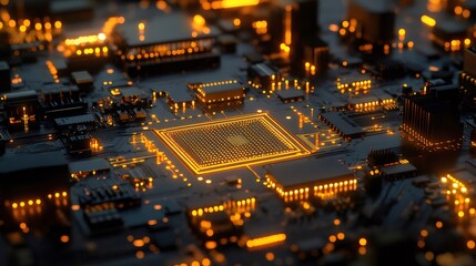 Poster - 光る回路基板のクローズアップ 電気信号が走る未来的なテクノロジーデザイン 抽象的な黒い背景にオレンジ色のライト