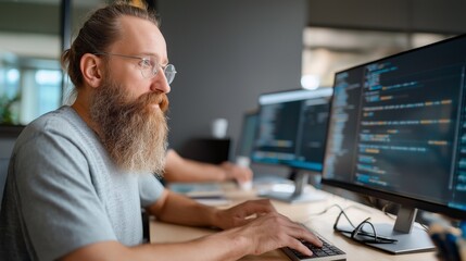 Aufkleber - A programmer is deeply engaged in software development in a contemporary workspace. Multiple screens display lines of code, showcasing dynamic programming tasks