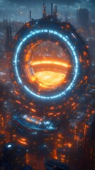 Aufkleber - 未来都市のデジタルアート 青い光とオレンジ色の輝きが織りなすサイバーパンクな風景