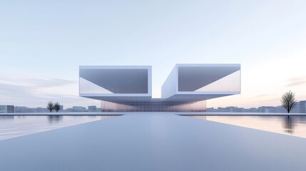 Poster - 白いモダンな建築デザインと水面の反射 青空を背景に都市風景