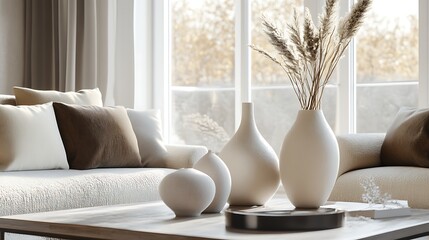 Poster - Cozy living room with neutral decor featuring vases and dried flowers, bright natural light filtering in