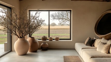 Aufkleber - Modern interior design featuring minimalistic pottery and natural elements in a serene landscape