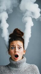 Aufkleber - Smoke emerging from woman's head revealing intense mental pressure, symbolizing overwhelming stress, anxiety, and psychological exhaustion against neutral gray background