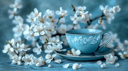 Poster - Delicate blue cup and saucer surrounded by blooming white cherry blossoms on a soft background